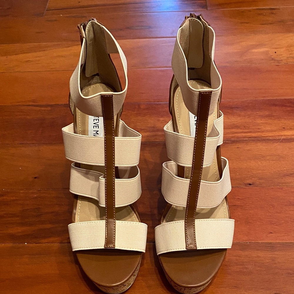 Steve Madden Cream and Brown Wedge Sandals